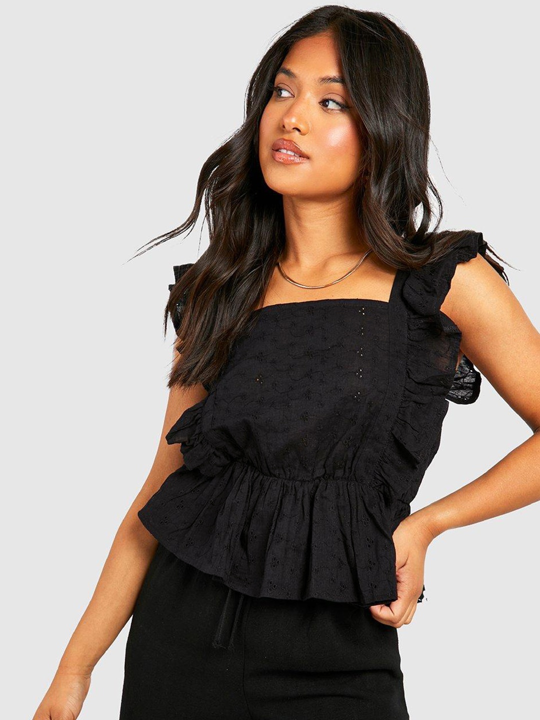 

Boohoo Petite Square Neck Ruffles Detail Cotton Schiffli Peplum Top, Black