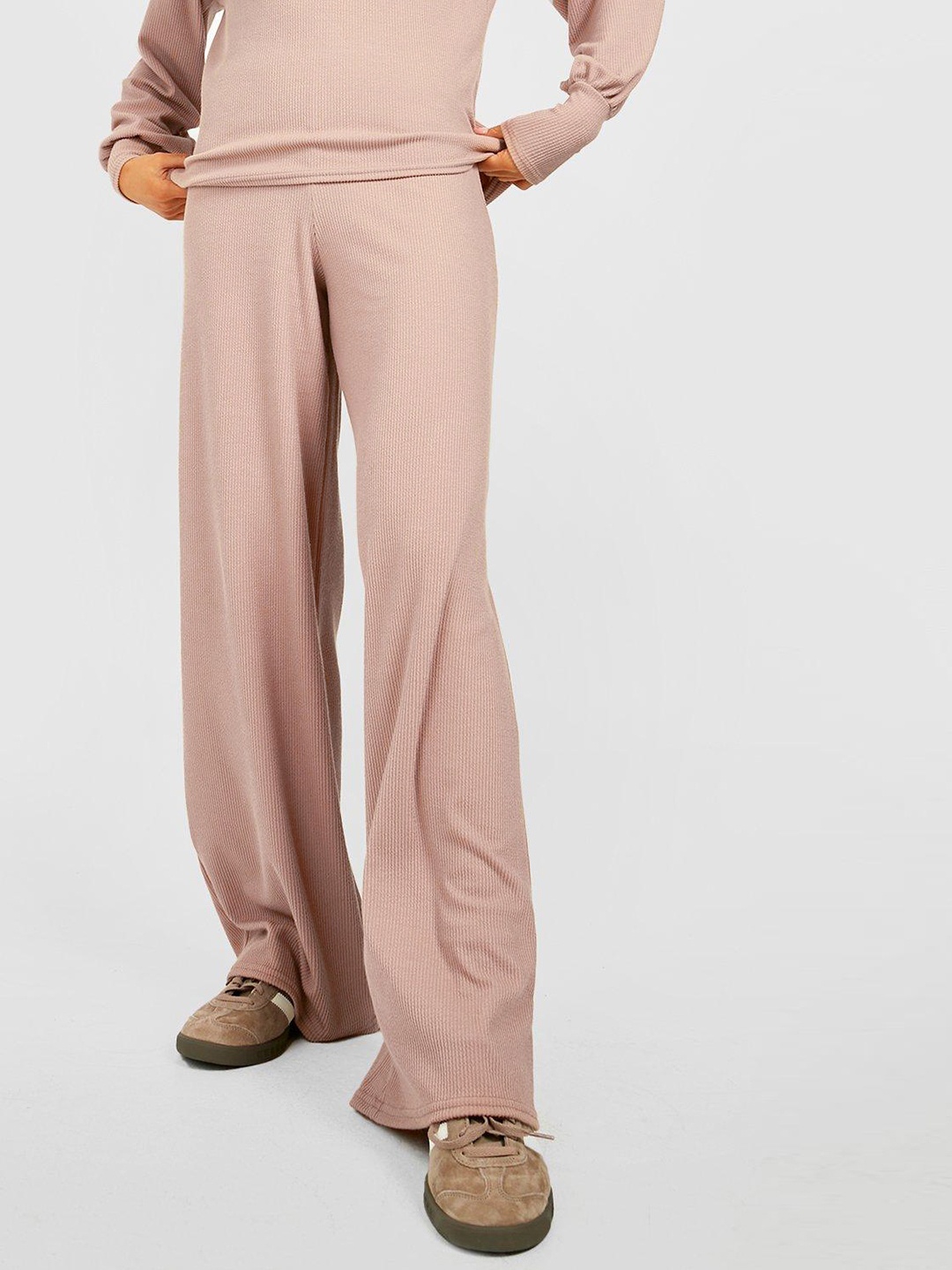 

Boohoo Women Ribbed Wide Leg Trousers, Pink