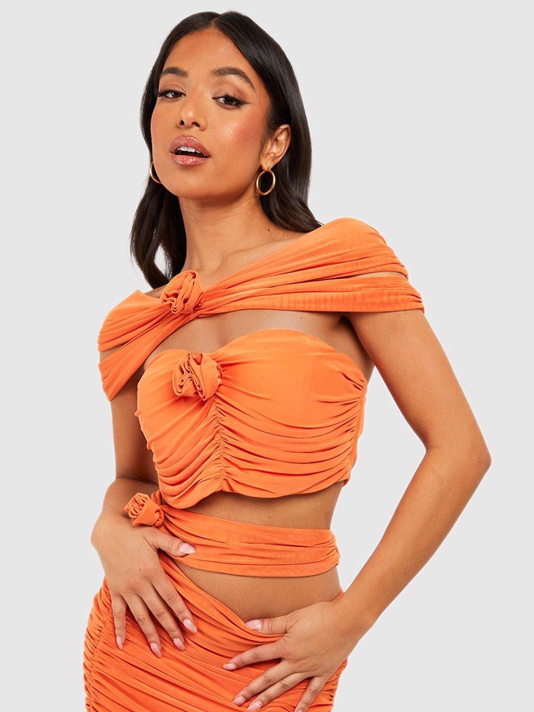 

Boohoo Petite Off-Shoulder Ruched Cut-Out Corsage Detail Mesh Corset Top, Orange