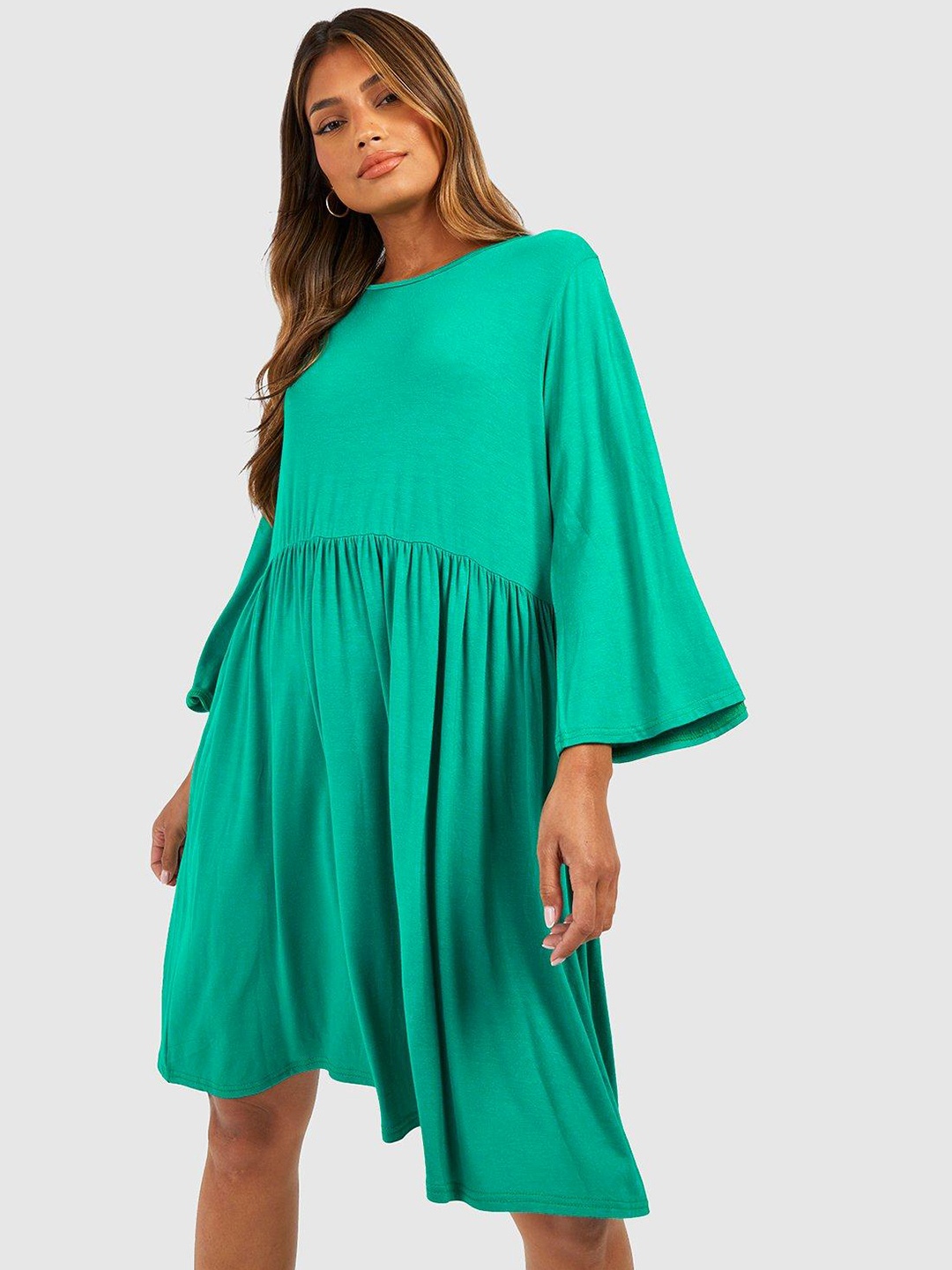 

Boohoo Pleated Flared Sleeve A-Line Dress, Sea green