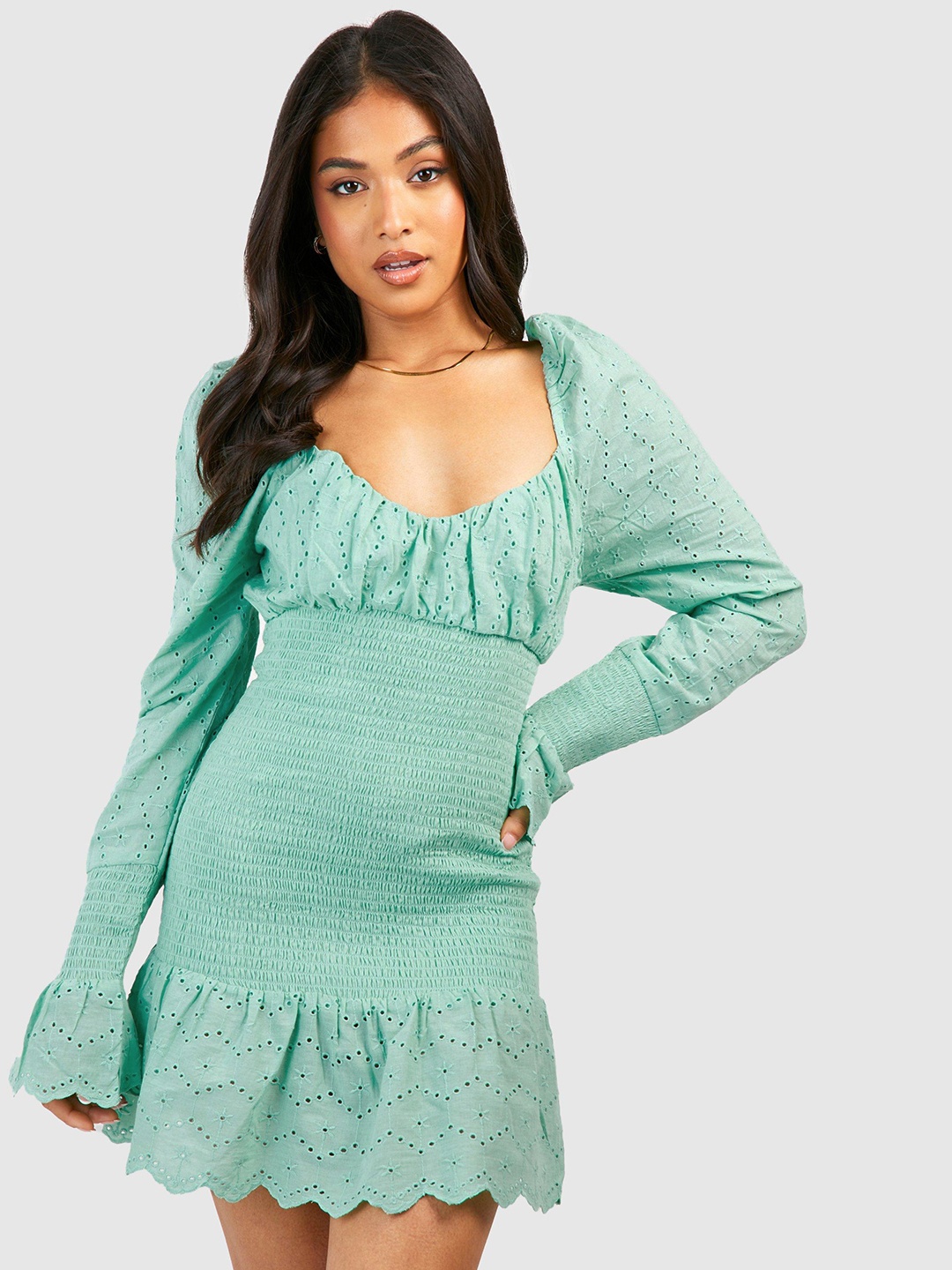 

Boohoo Petite Schiffli Pure Cotton Smocked Drop-Waist Mini Dress, Sea green