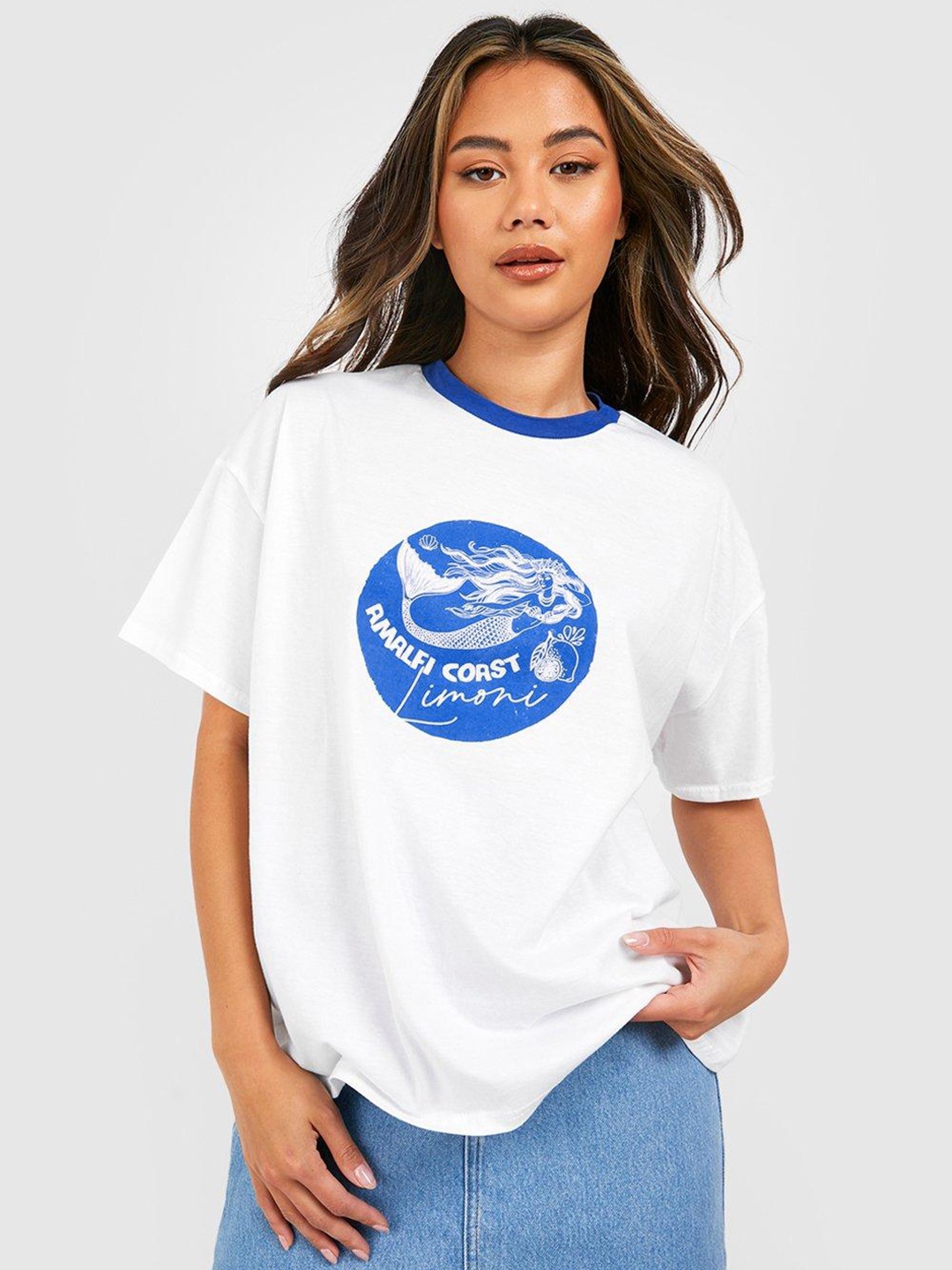 

Boohoo Printed Drop-Shoulder Pure Cotton T-shirt, White