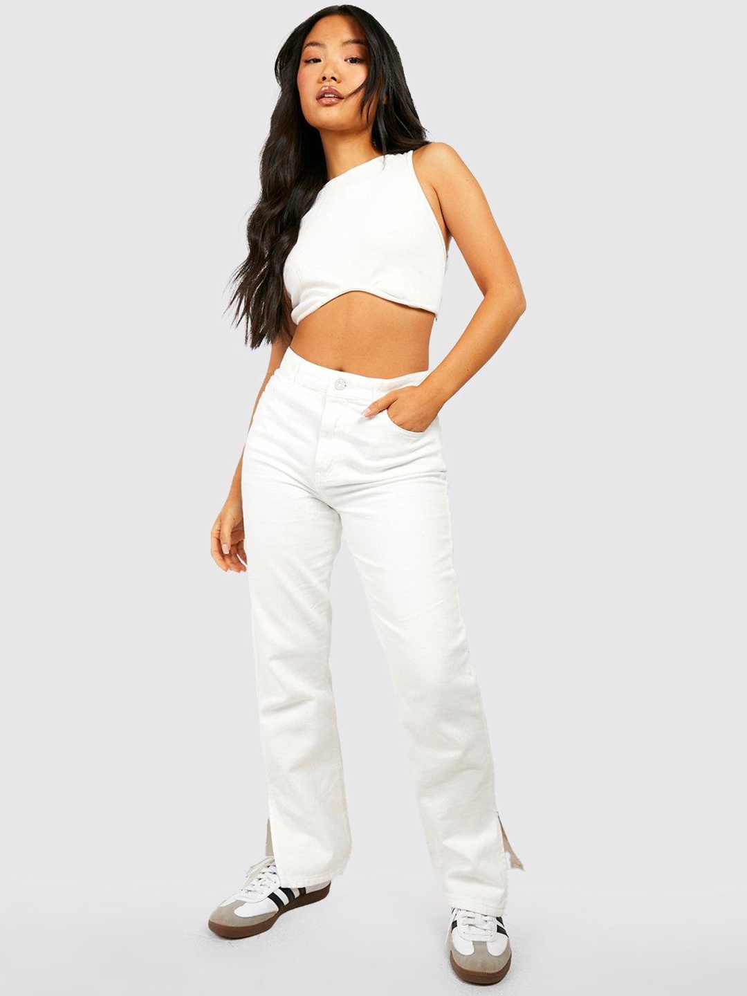 

Boohoo Women Petite High Waist Split Hem Cotton Jeans, White