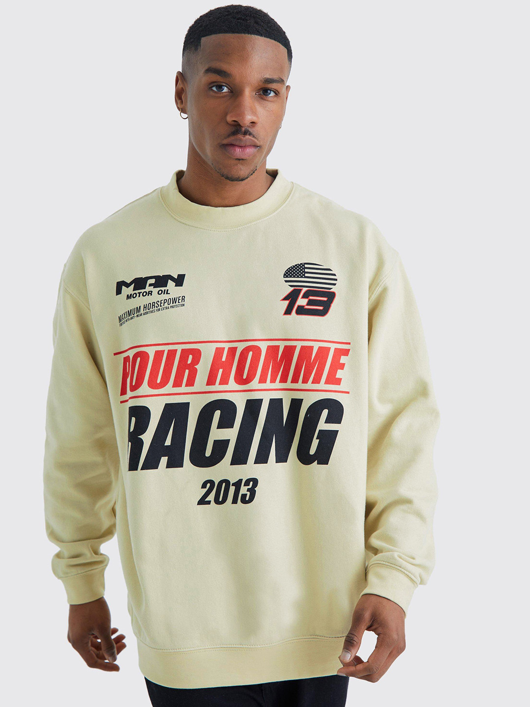 

boohooMAN Typography Printed Oversized Sweatshirt With Drop-shoulder Sleeves, Beige