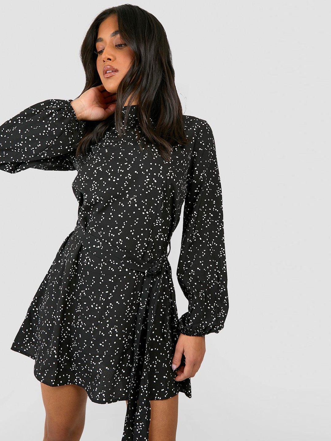 

Boohoo Petite Printed Puff Sleeve A-Line Mini Dress, Black