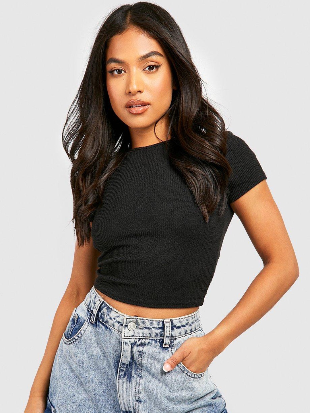 

Boohoo Ribbed Short-Sleeves Top, Black