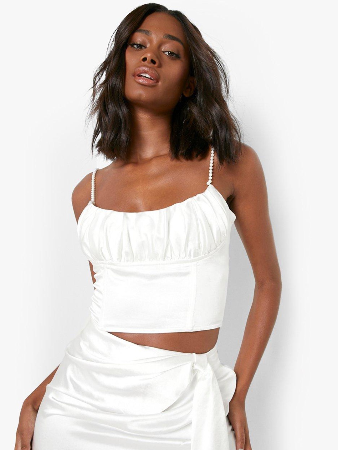 

Boohoo Premium Satin Finish Strap Corset Crop Top, White