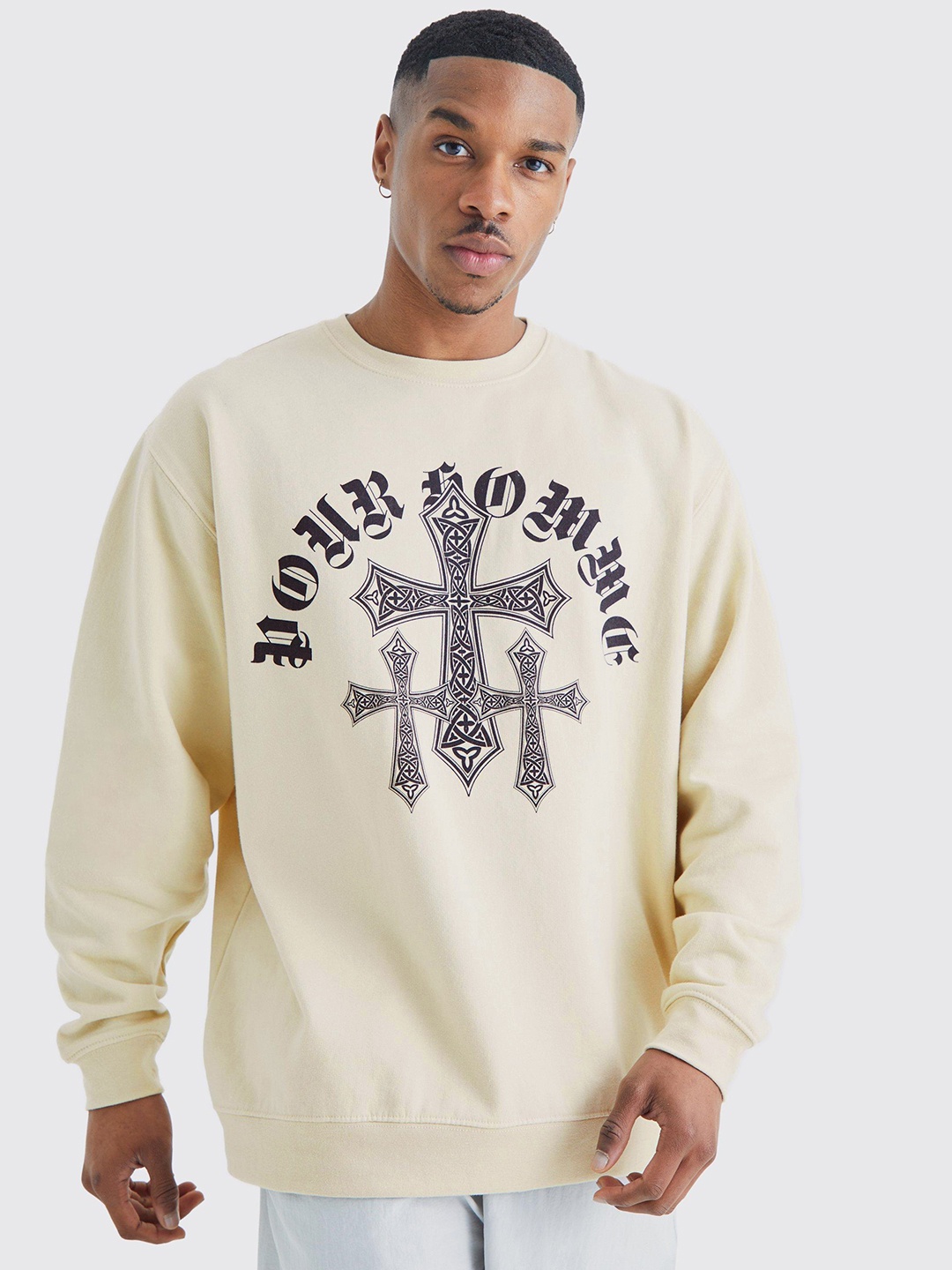 boohooMAN Graphic Printed Oversized Sweatshirt With Drop-shoulder Sleeves, Na