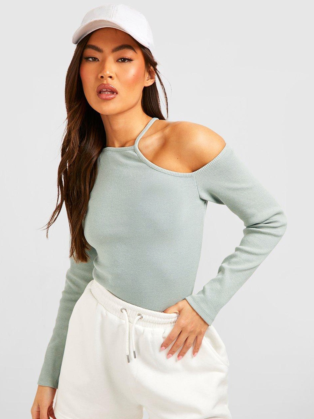 

Boohoo Ribbed Cut-Out Detail Bodysuit, Green