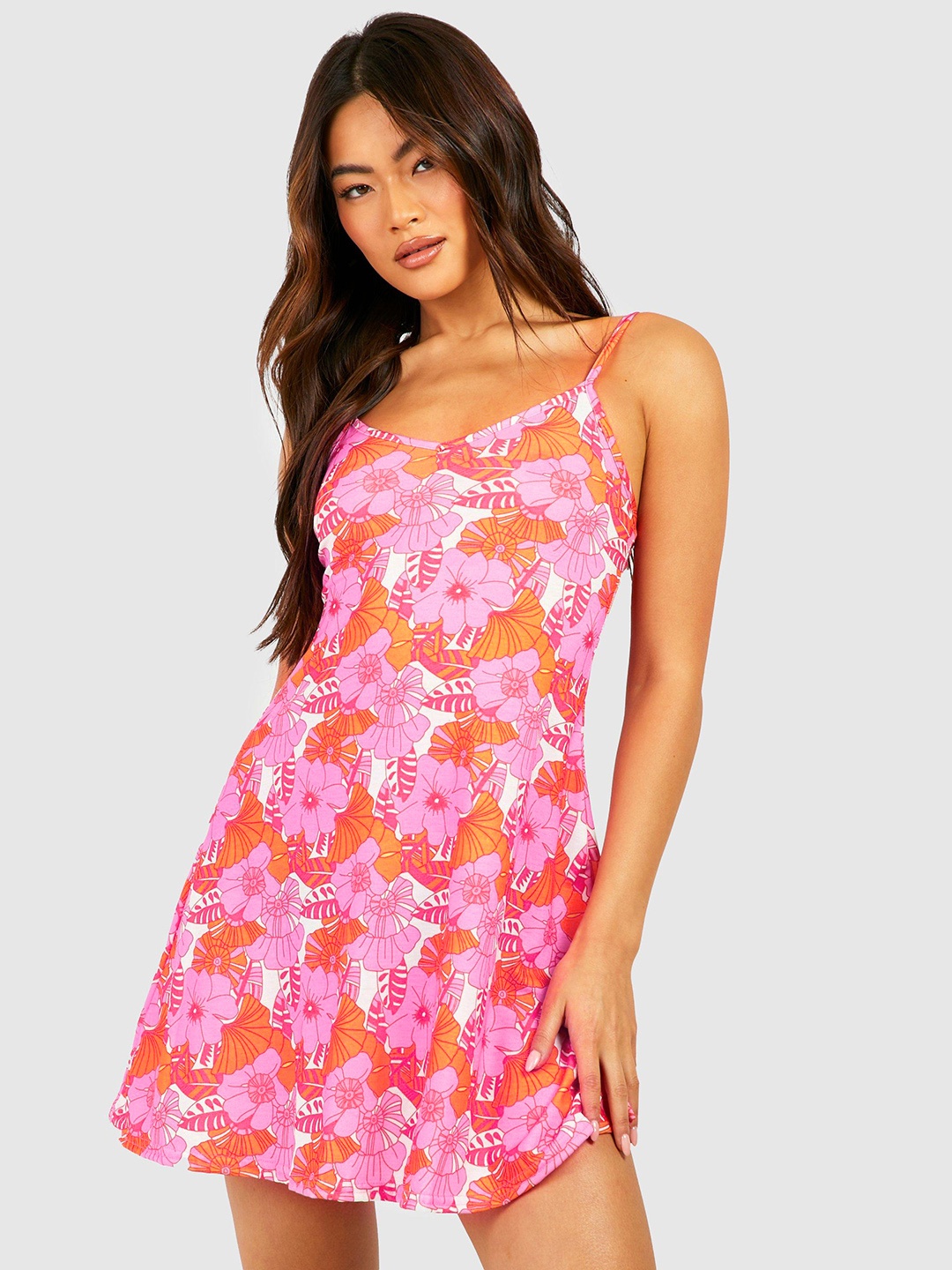 

Boohoo Floral Print A-Line Mini Dress, Orange