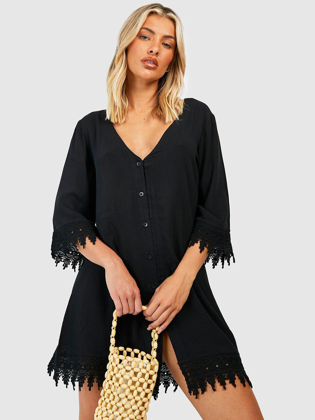 

Boohoo Lace Trim Button Up Beach Dress, Black