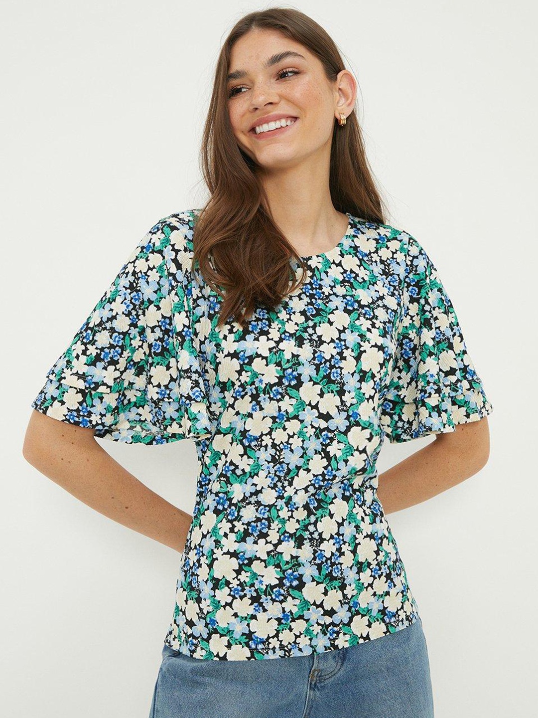 

DOROTHY PERKINS Floral Print Flared Sleeve Top, Green