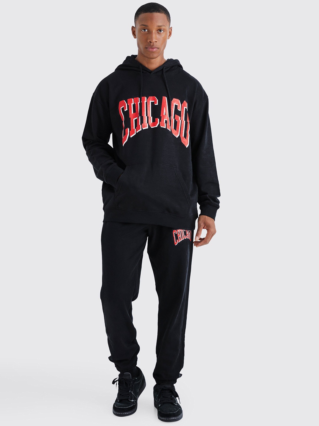 boohooMAN Typography Printed Oversized Varsity Tracksuit, Black