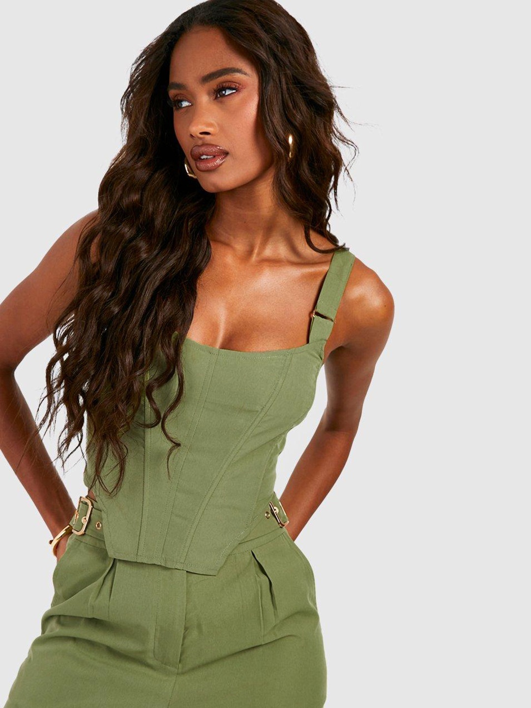 

Boohoo Buckle Detail Shoulder Straps Boned Corset Top, Green