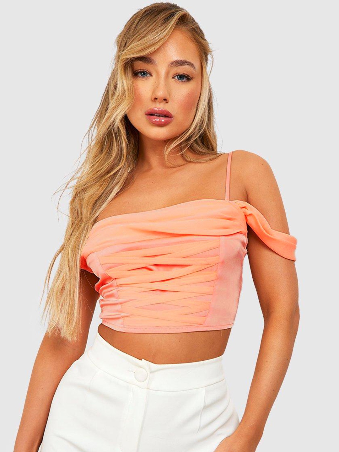 

Boohoo Shoulder Straps Criss-Cross Layered Detail Crop Top, Peach