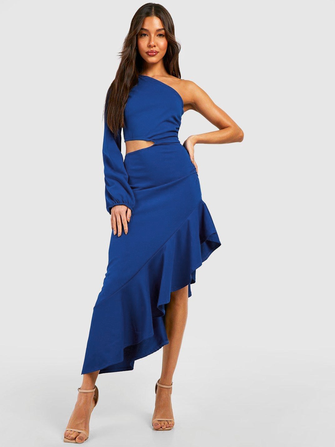 

Boohoo One-Shoulder Cut-Out A-Line Asymmetric Maxi Dress, Blue