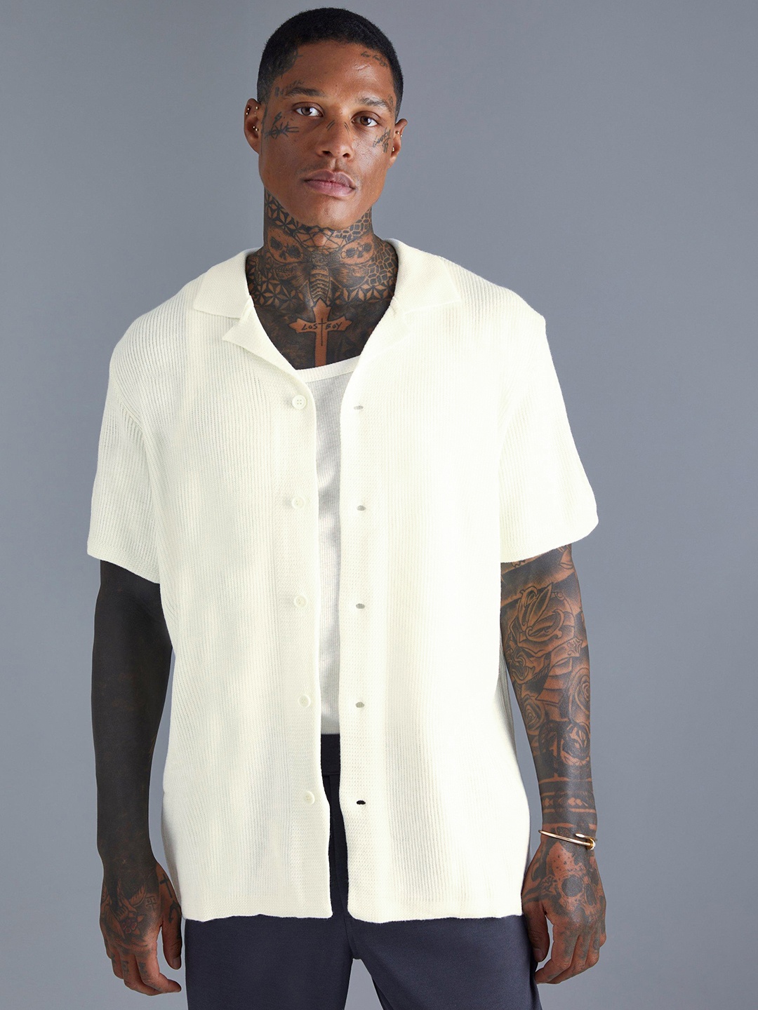

boohooMAN Knitted Revere Ribbed Cuban Collar Acrylic Shirt, Off white
