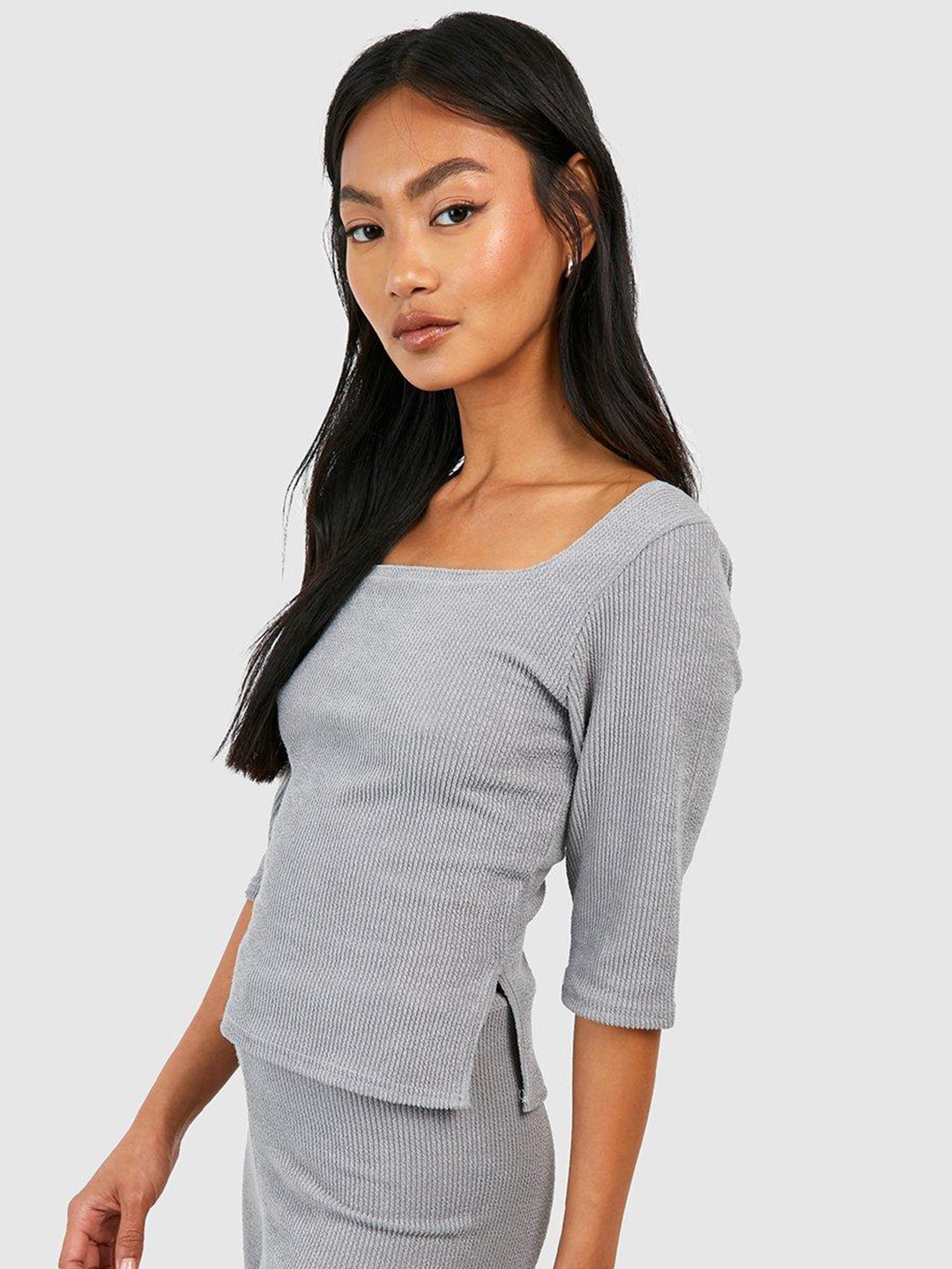

Boohoo Ribbed Side Slit Top, Grey
