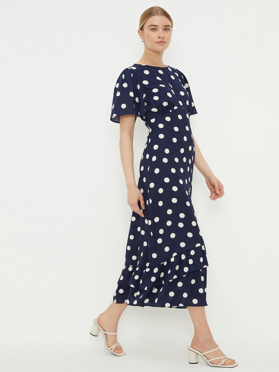

DOROTHY PERKINS Polka Dot Print Frill Hem Midi Dress, Navy blue