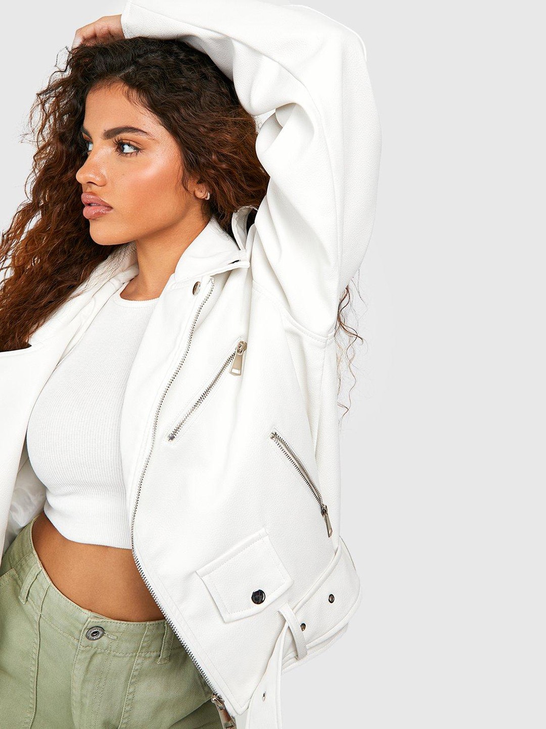 

Boohoo Petite Faux Leather Oversized Biker Jacket with Belt, White