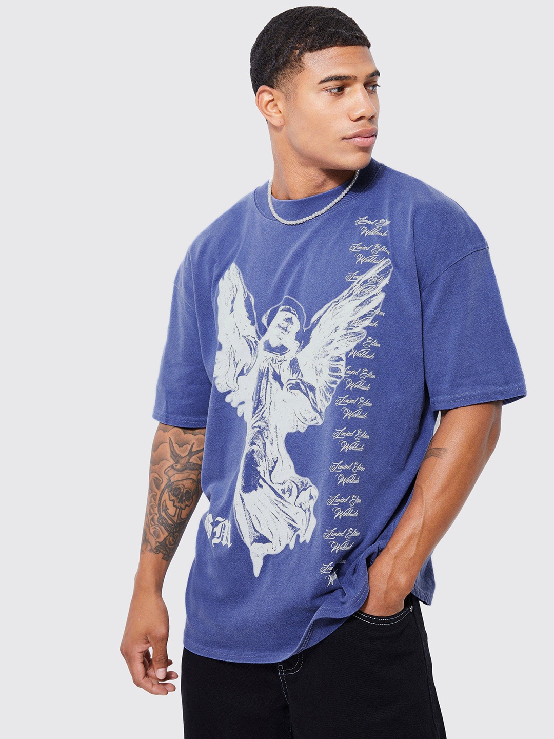 

boohooMAN Cotton Printed Oversized T-shirt, Blue