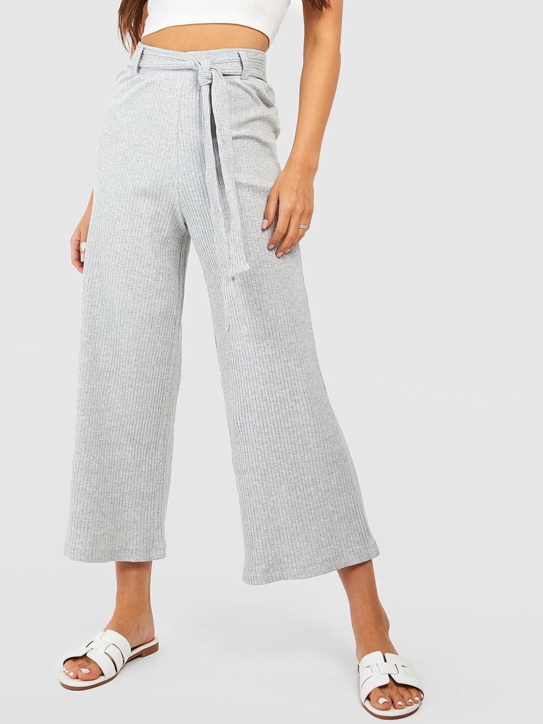 

Boohoo Women Ribbed Belted Crop Trousers, Grey melange