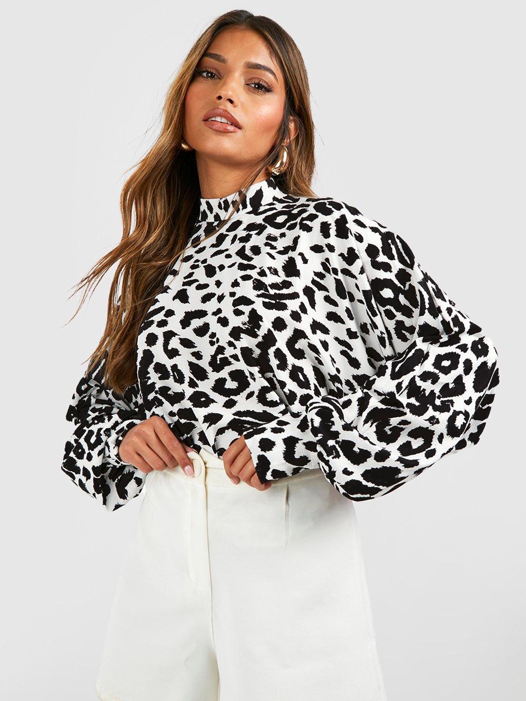 

Boohoo Animal Printed Puff Sleeves Top, White