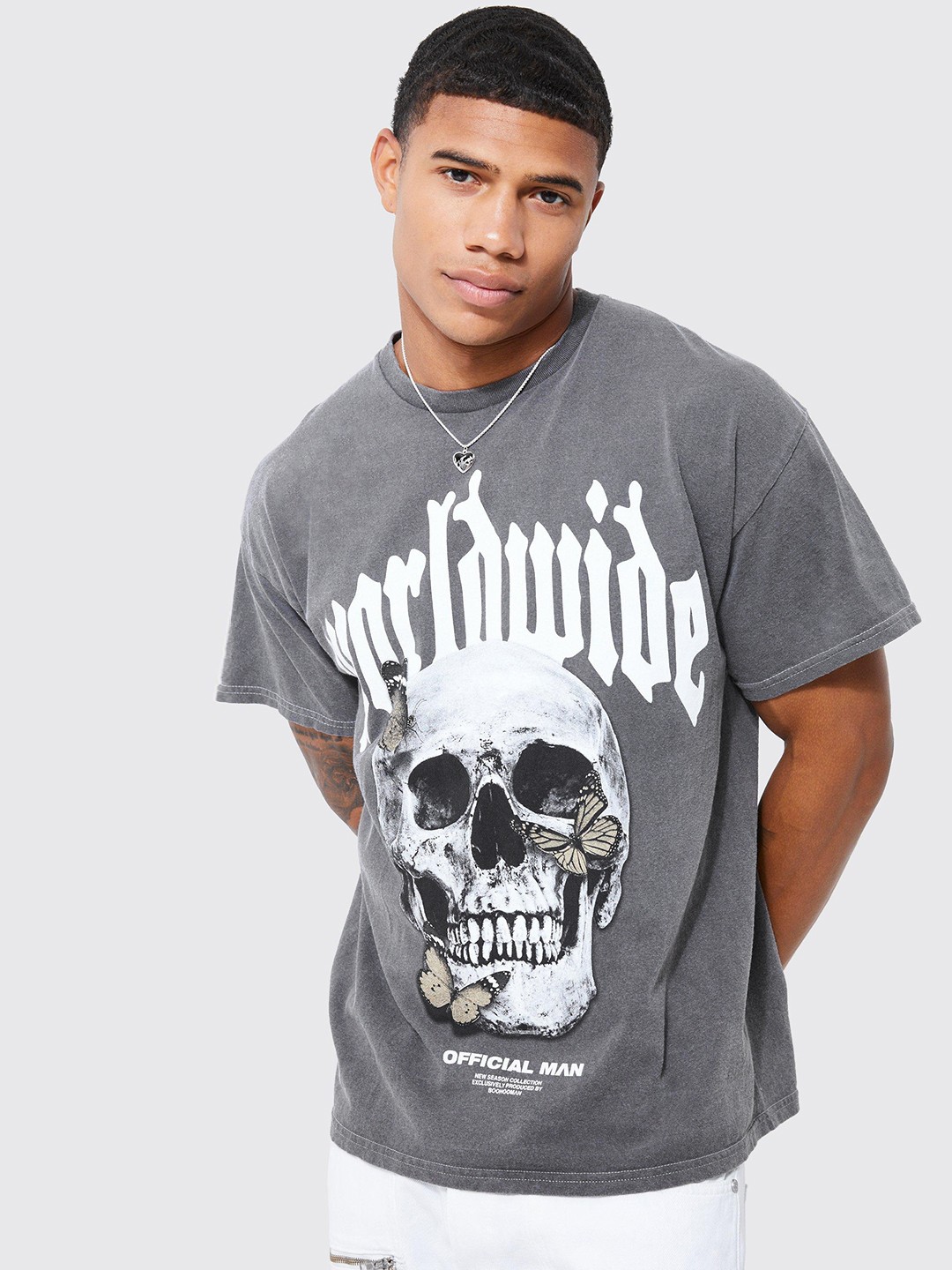 

boohooMAN Butterfly Skull Printed Drop-Shoulder Sleeves Pure Cotton Oversized T-shirt, Grey