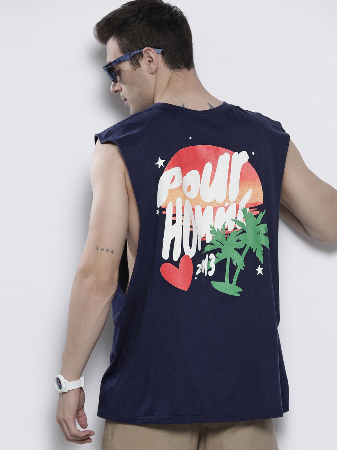 

boohooMAN Oversized Palm Printed Pure Cotton Tank T-shirt, Navy blue