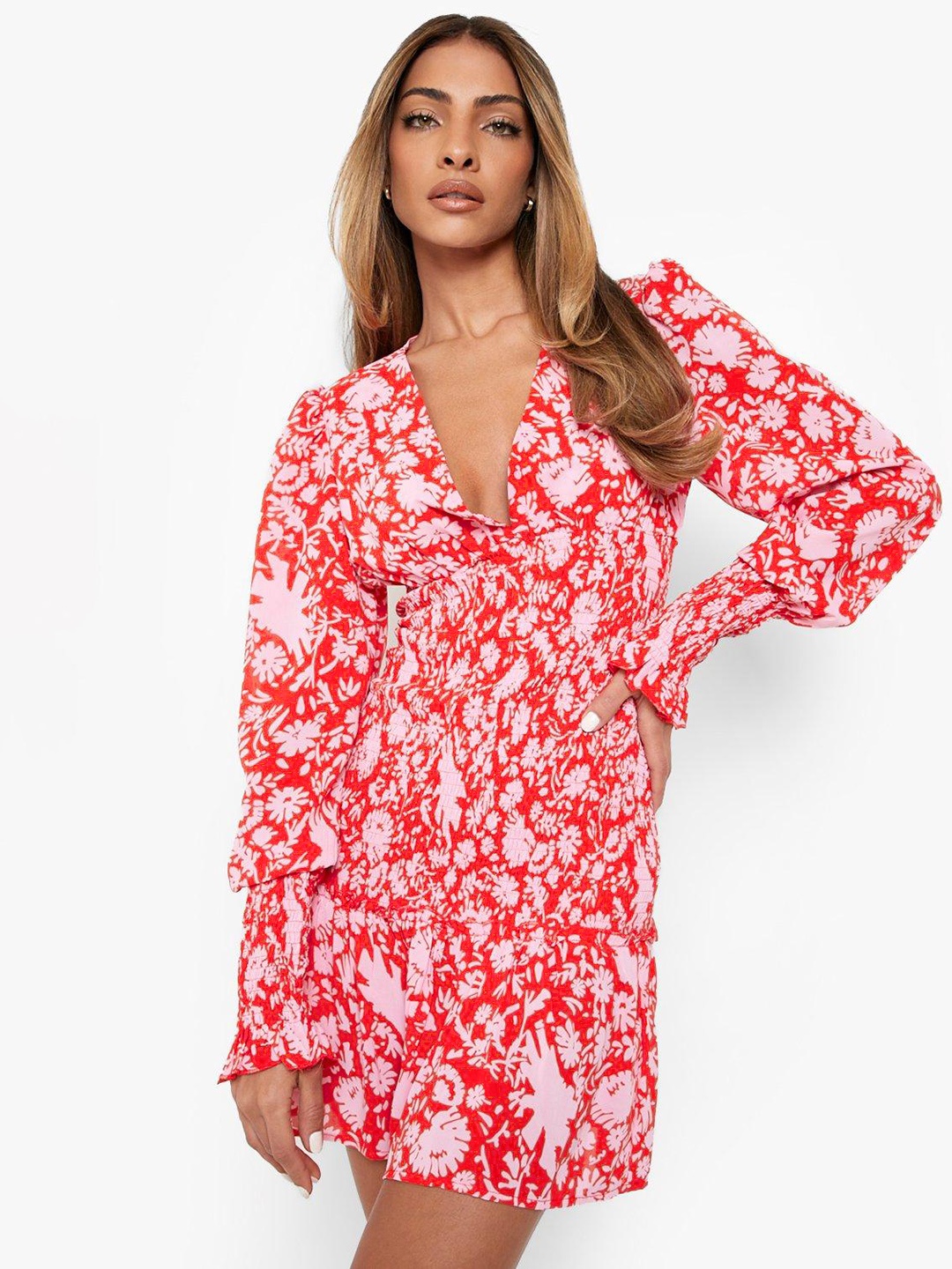 

Boohoo Printed Smocked A-Line Mini Dress, Red