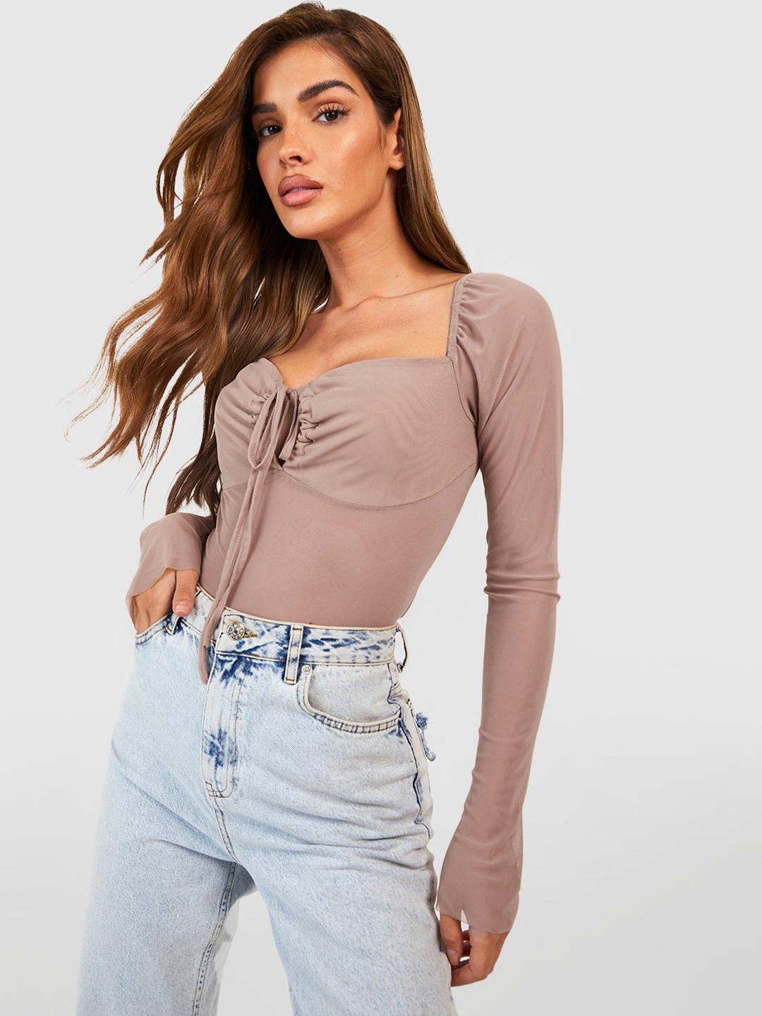 

Boohoo Sweetheart Neck Sheer Empire Top, Brown