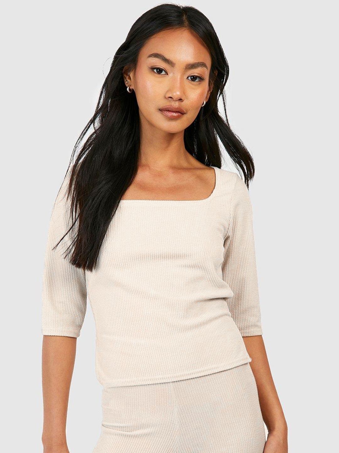 

Boohoo Ribbed Side Slit Top, Beige