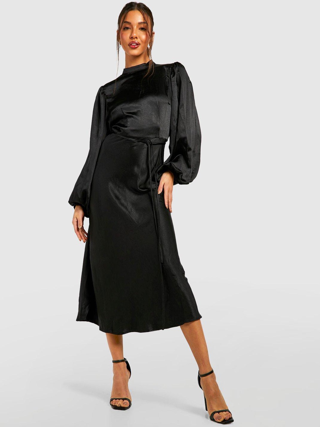 

Boohoo Balloon Sleeve Satin A-Line Midi Dress, Black