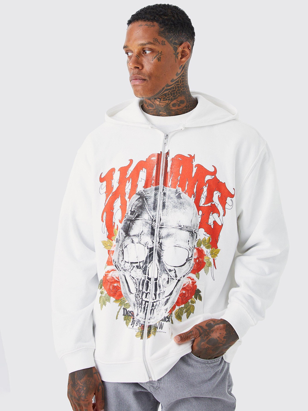 

boohooMAN Graphic Printed Hooded Sweatshirt With Kangaroo Pockets, White