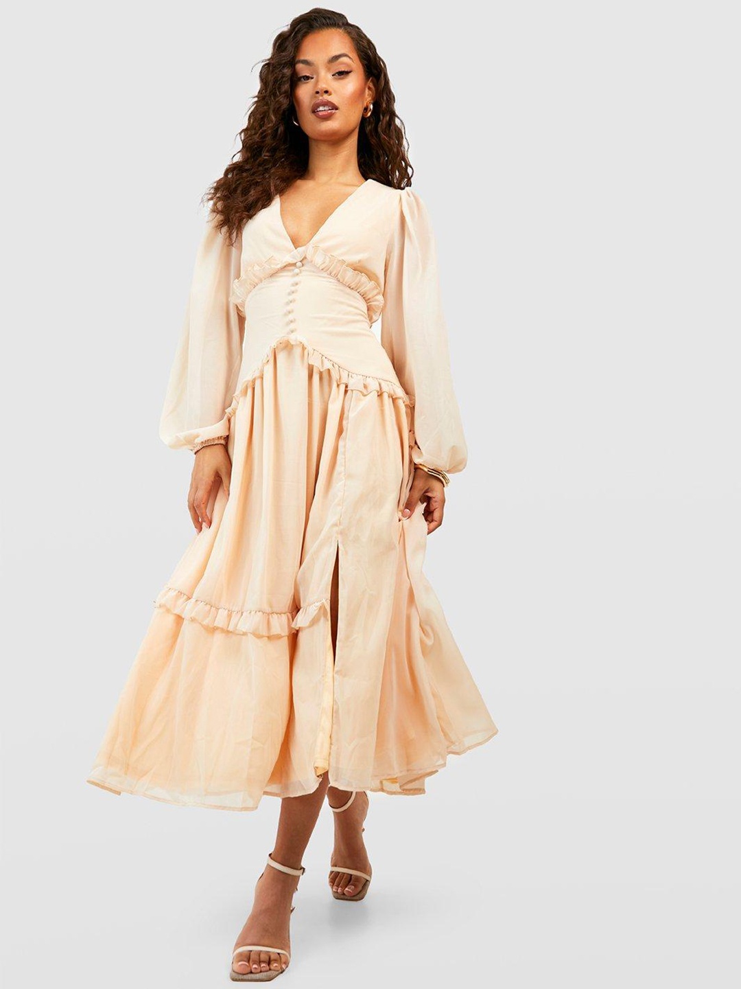 

Boohoo Puff Sleeve Ruffled Open- Back A-Line Midi Dress, Cream