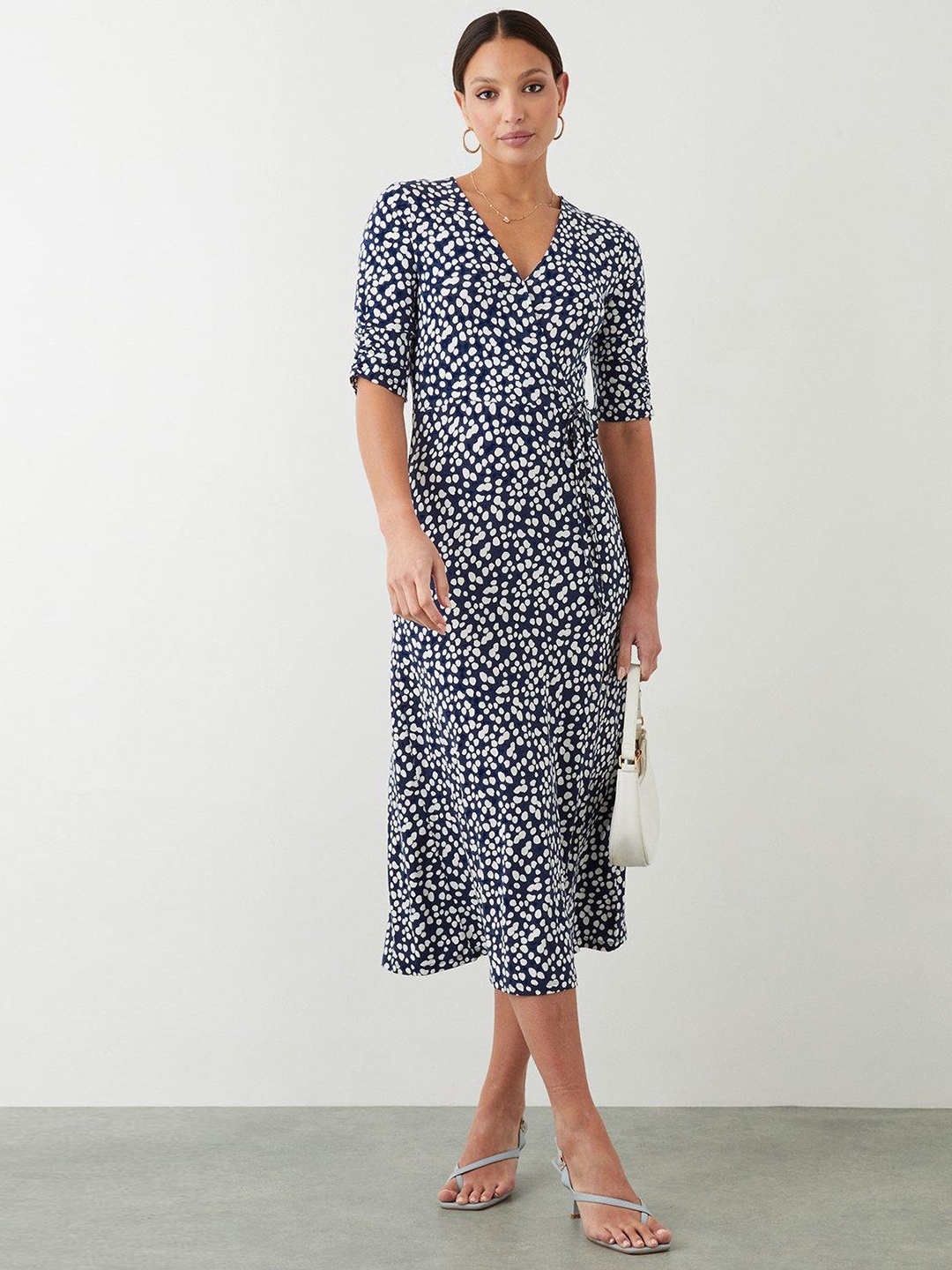 

DOROTHY PERKINS Polka Dot Print Wrap Style Midi Dress, Navy blue