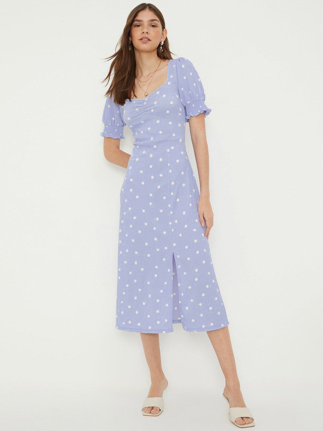 

DOROTHY PERKINS Polka Dot Print Print Shirred Front-Slit Puff Sleeve A-Line Midi Dress, Lavender