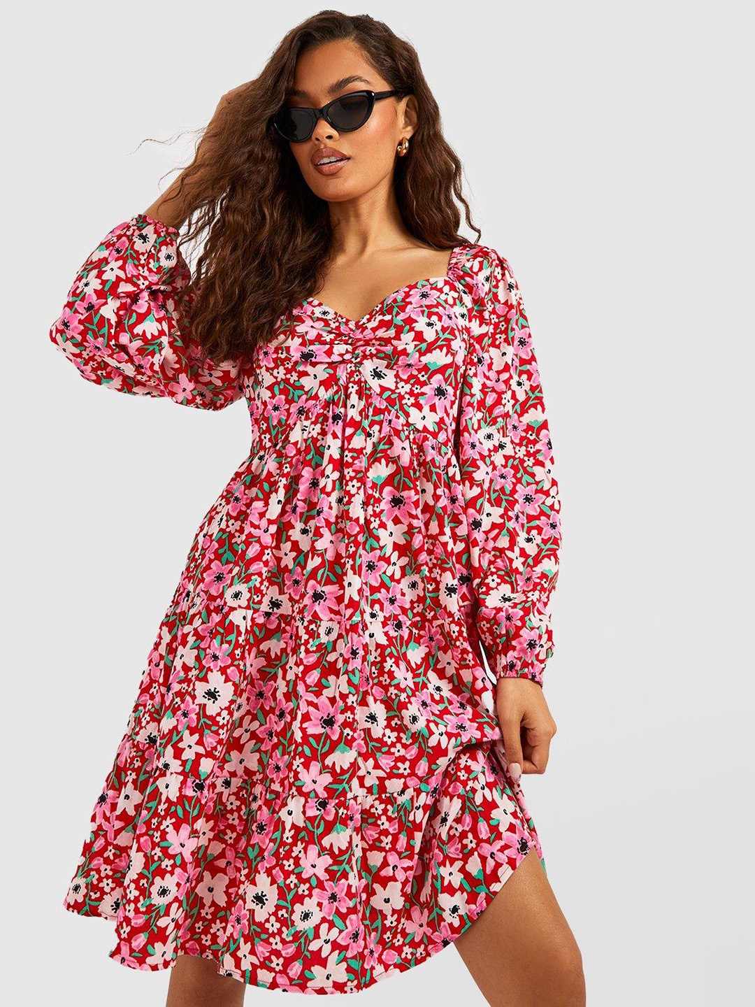 

Boohoo Smocked Floral Print Puff Sleeve Empire Mini Dress, Red