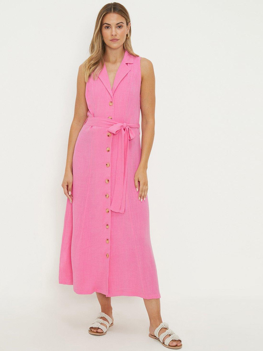 

DOROTHY PERKINS Linen Blend Midi Shirt Dress with Belt, Pink