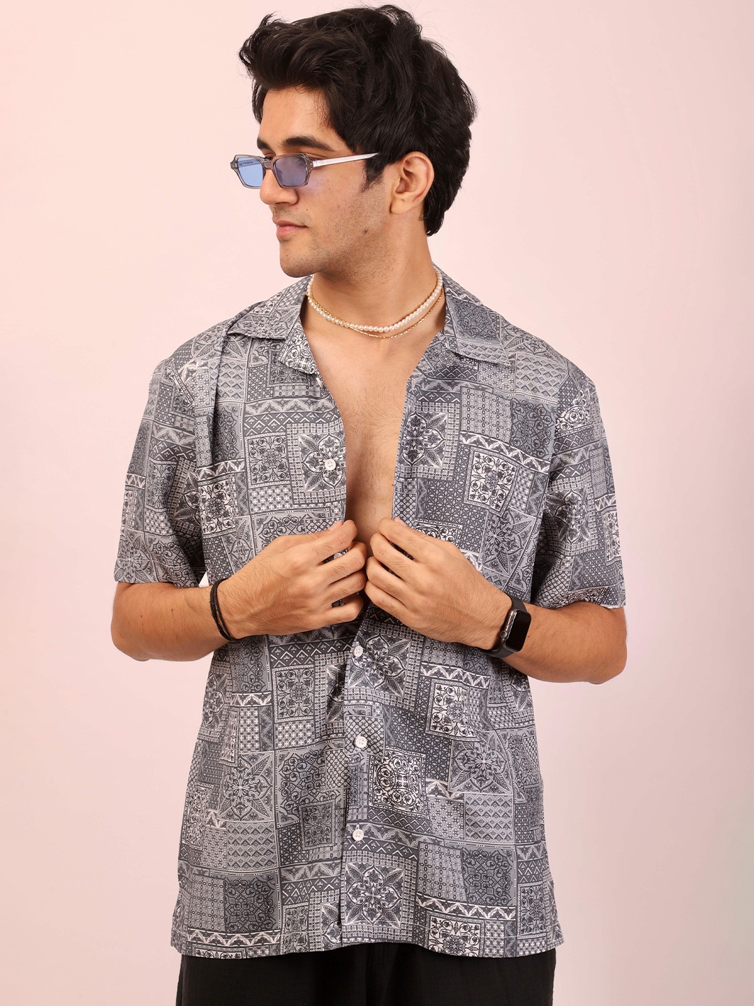 

DEZANO Modern Opaque Printed Oversized Casual Shirt, Grey