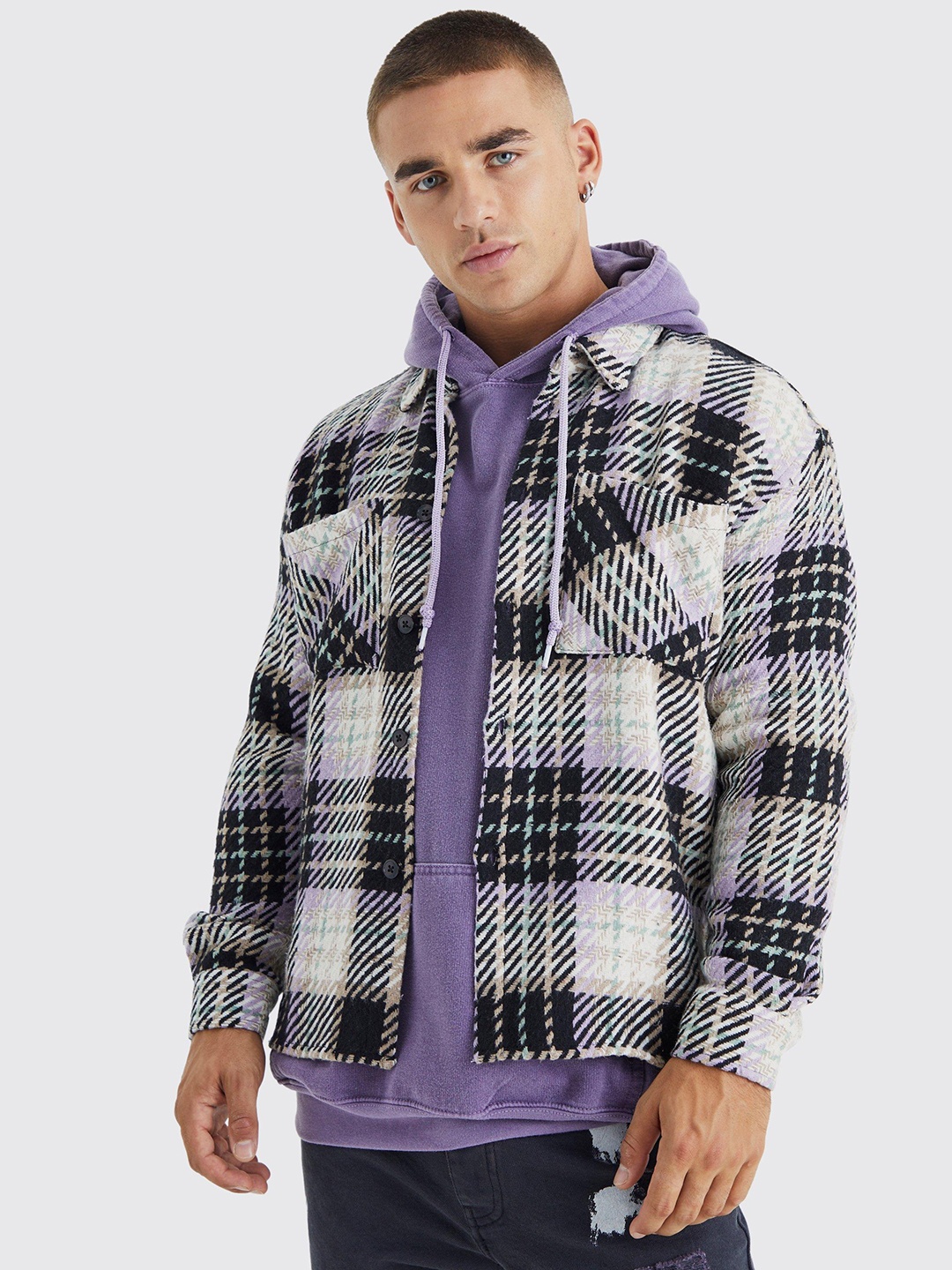 

boohooMAN Heavyweight Boxy Tattersall Checked Shacket, Black