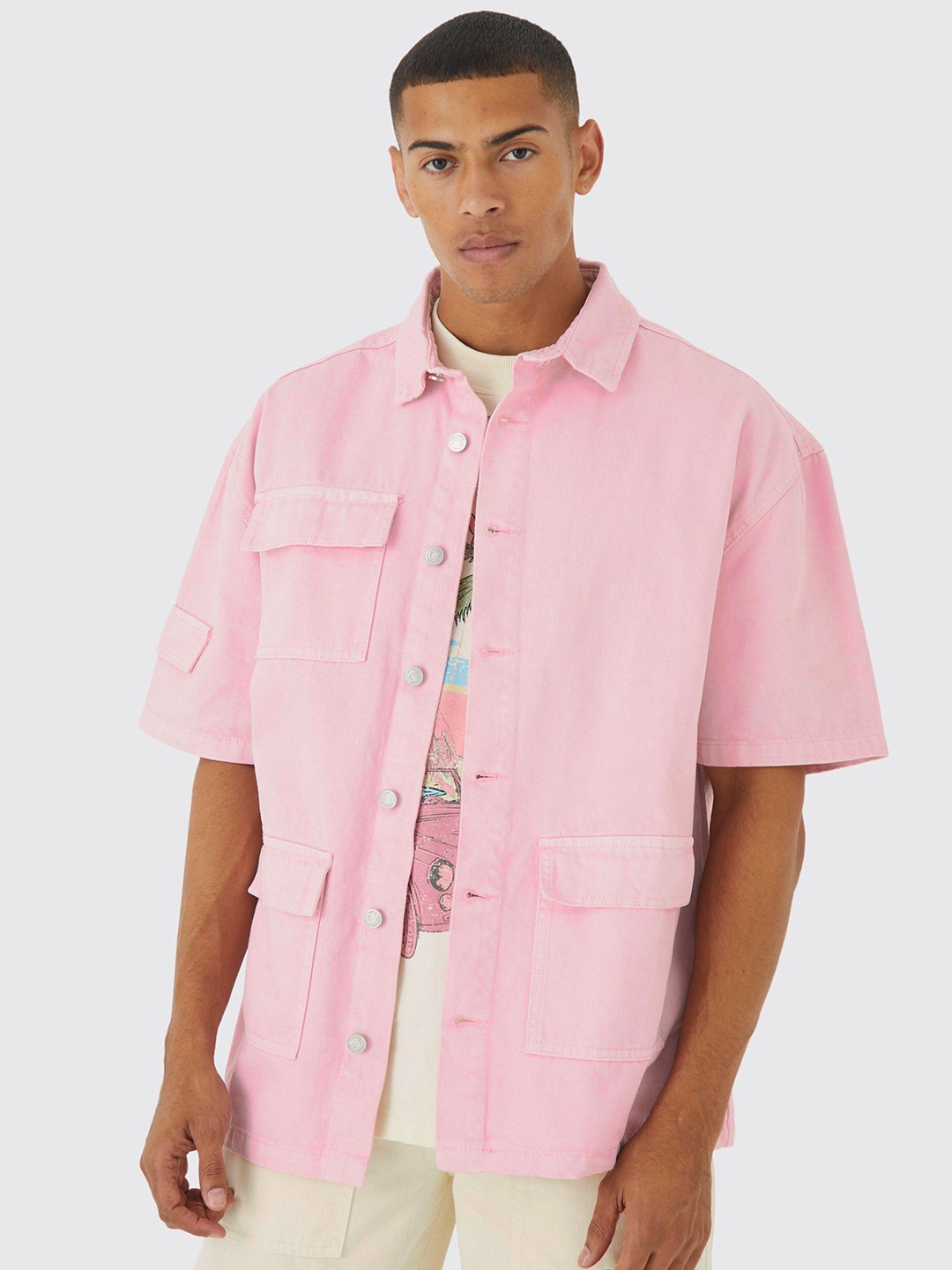 

boohooMAN Boxy Denim Cargo Shacket, Pink