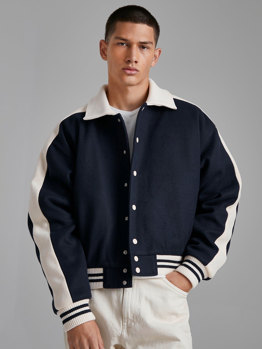 

boohooMAN Colourblocked Boxy Bomber Jacket With Drop-shoulder Sleeves, Navy blue