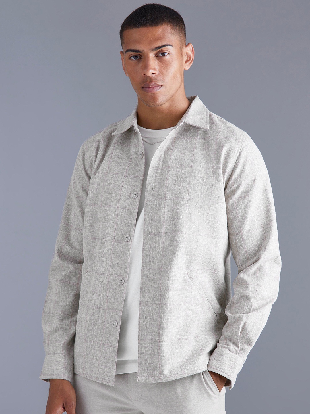 

boohooMAN Windowpane check detailed Pure Cotton Shaket, Khaki