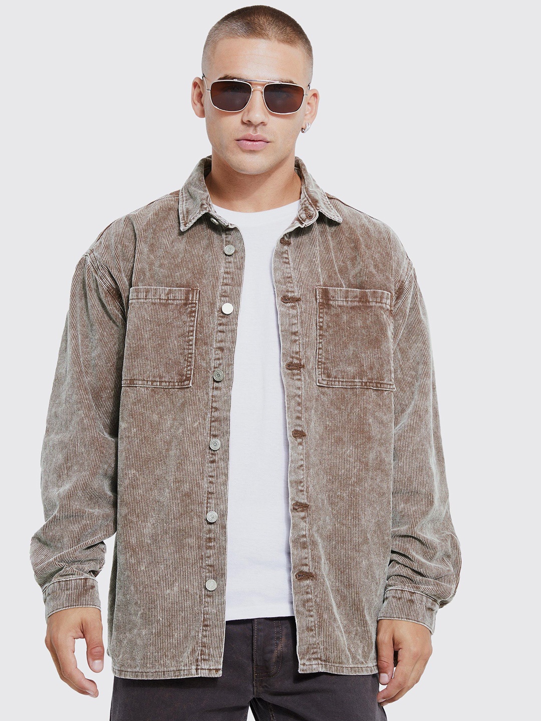 

boohooMAN Oversized Acid Wash Corduroy Shacket, Coffee brown