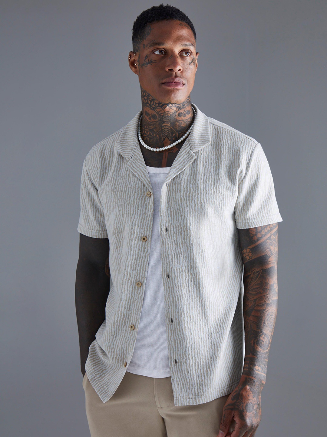 

boohooMAN Textured Self Striped Casual Shirt, Beige