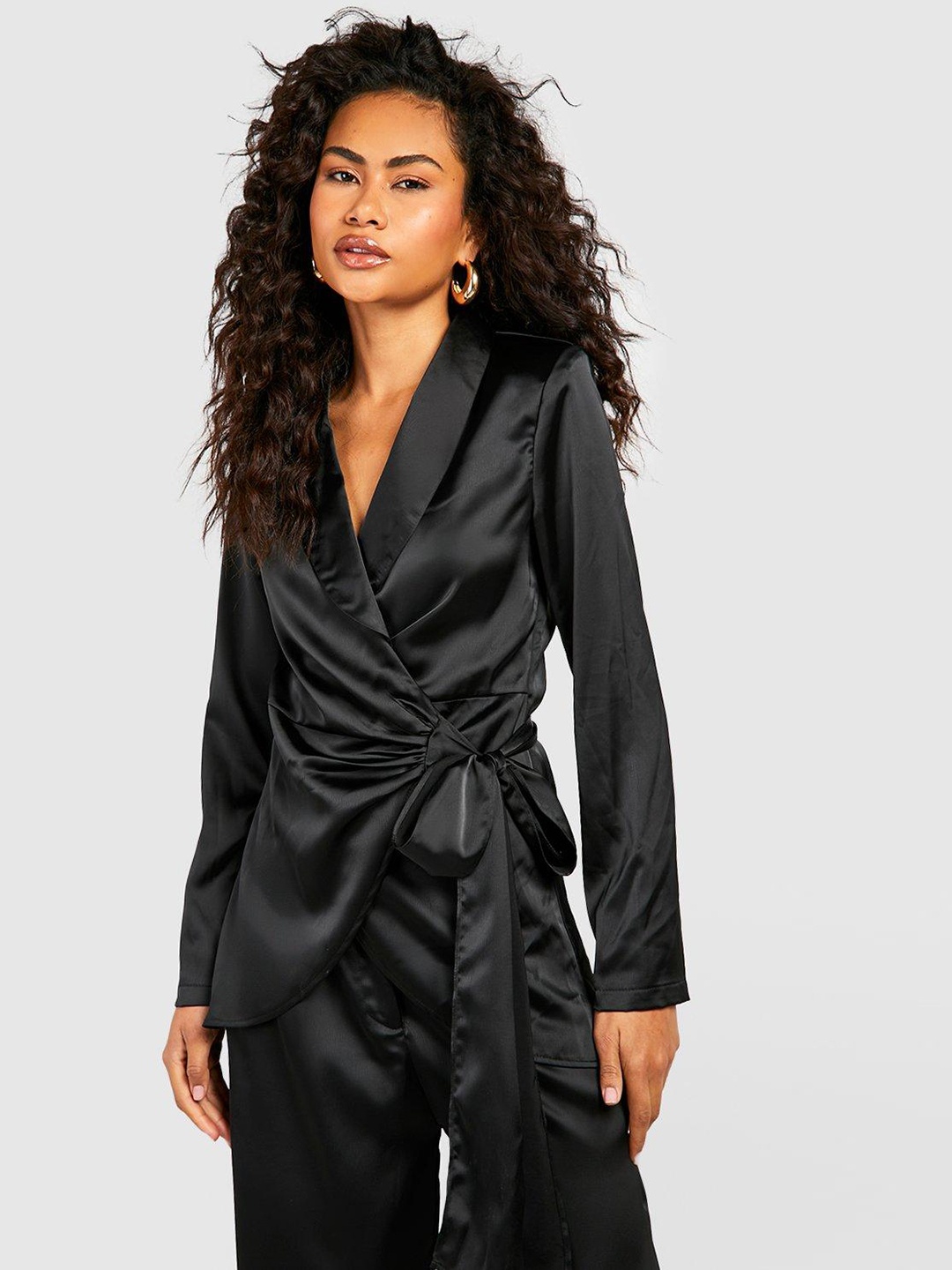 

Boohoo Satin Finish Wrap Longline Top, Black