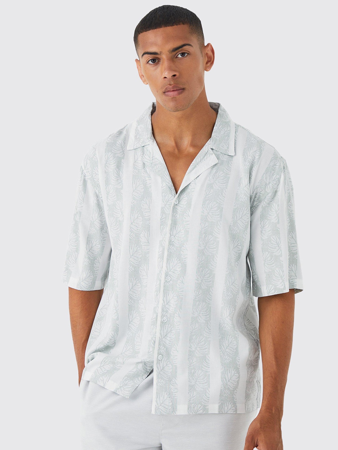 

boohooMAN Palm Printed Casual Shirt, Taupe