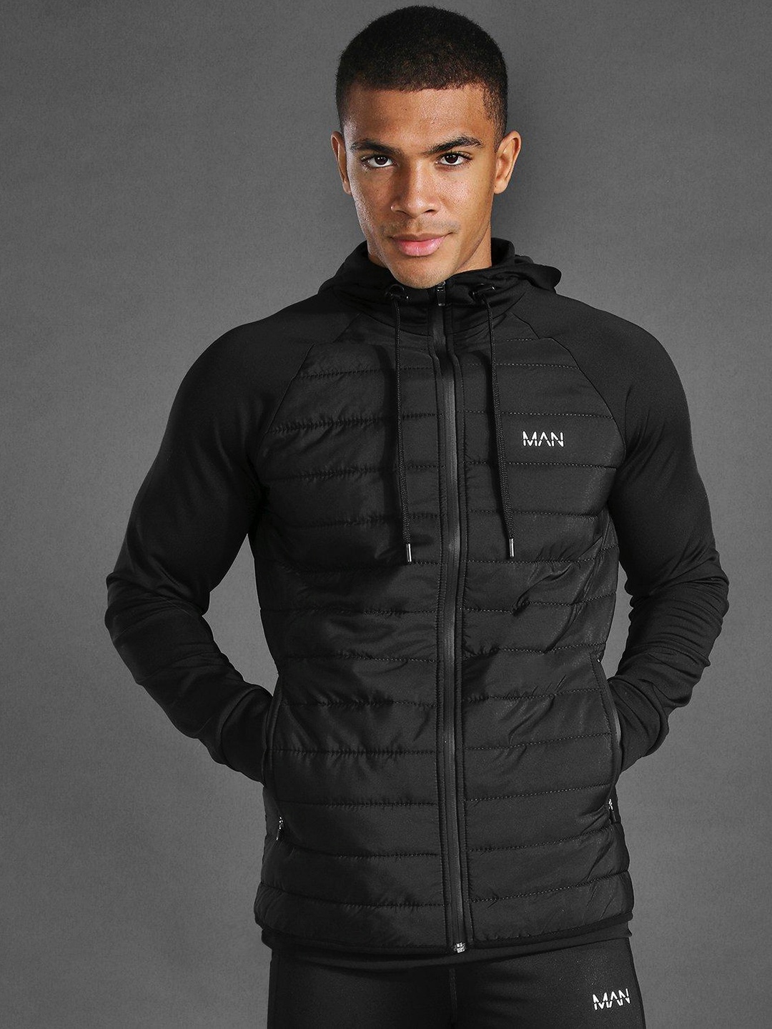 

boohooMAN Training or Gym Padded Jacket With Hood, Black