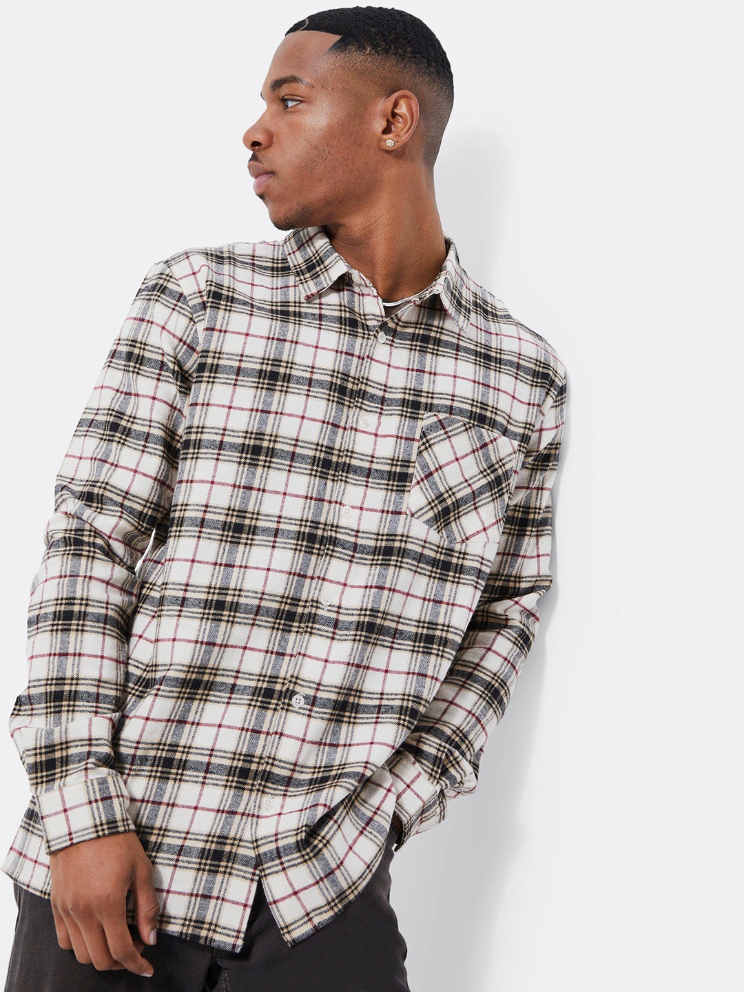 

boohooMAN Tattersall Checked Flannel Casual Shirt, Beige